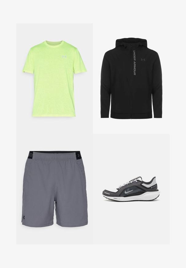 Melnā ar rāvējslēdzēju aizverama kapučjaka, kas izgatavota no mīksta, viegla materiāla. Tam ir atstarojošs "UNDER ARMOUR" logotips un gluda virsma.; Lime zaļš īso piedurkņu sporta krekls ar teksturētu rakstu un mazu kontrastējošu logotipu uz krūtīm. Izgatavots no viegla materiāla.; Pelēki sporta šorti, izgatavoti no viegla auduma, ar elastīgu jostasvietu un melnu akcentu, kā arī sānu kabatām. Vienkāršs dizains bez rakstiem.; Melnas un pelēkas sporta kurpes ar tīklu augšdaļu, atstarojošiem akcentiem un baltu starpzoli. Aprīkotas ar teksturētu gumijas zoli un šņorēm.