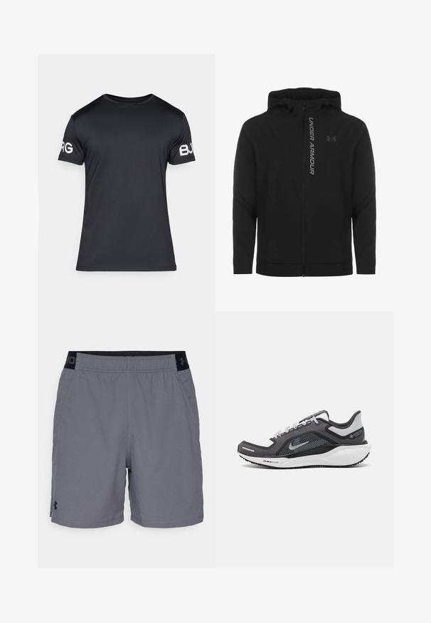Juodas zip-up gobtuvu džemperis, pagamintas iš minkštos, lengvos medžiagos. Yra atspindintis "UNDER ARMOUR" logotipas ir glotni tekstūra.; Juodas trumpo rankovio marškinėliai, pagaminti iš lygaus audinio. Yra apvalus kaklas ir baltas "BORG" tekstas ant kairiojo rankovio. Paprastas, prigludęs dizainas.; Pilki sportiniai šortai pagaminti iš lengvo audinio, su elastine juosta juodais akcentais ir šoninėmis kišenėmis. Paprastas dizainas be raštų.; Juodas ir pilkas sportinis batelis su tinkleliu viršuje, atspindinčiais akcentais ir balta vidurinė dalimi. Yra tekstūruota guminė išorinė pada ir raišteliai.