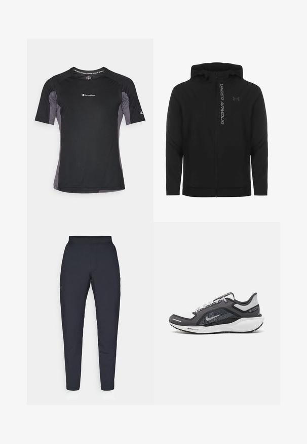 Must must erineva kapuutsiga jakk, mis on valmistatud pehmest ja kergest materjalist. Omab peegeldavat "UNDER ARMOUR" logo ja sujuvat tekstuuri.; Lühikeste varrukatega must spordisärk hallide aksentidega. Omab hingavat kangast, ümmargust kaelust ja väikest logo rinnal.; Mustad mustreid spordipüksid, millel on sile tekstuur, kitsas lõige, elastne vöökoht ja küljetaskud. Vasakule reiele on tikandatud väike logo.; Mustern ja hallide värvusega spordijalats, millel on võrgusilmast ülemine osa, peegeldavad aktsendid ja valge vaheosa. Omab tekstuuriga kummist välisosa ja kingapaelu.