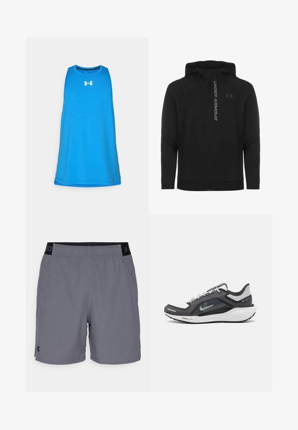 Črna zip-up kapuca izdelana iz mehkega, lahkotnega materiala. Ima odsevni logo "UNDER ARMOUR" in gladko teksturo.; Modra brezrokavna atletska majica iz lahkega, zračnega materiala. Ima bel logo na prsih in krožnega izreza.; Sive kratke športne hlače iz lahkega blaga, z elastičnim pasom z črnimi akcenti in stranskimi žepi. Preprost oblikovanje brez vzorcev.; Črne in sive atletske čevlje z mrežasto zgornjim delom, odsevnimi detajli in belim srednjim podplatom. Imajo strukturiran gumijast podplat in vezalke.