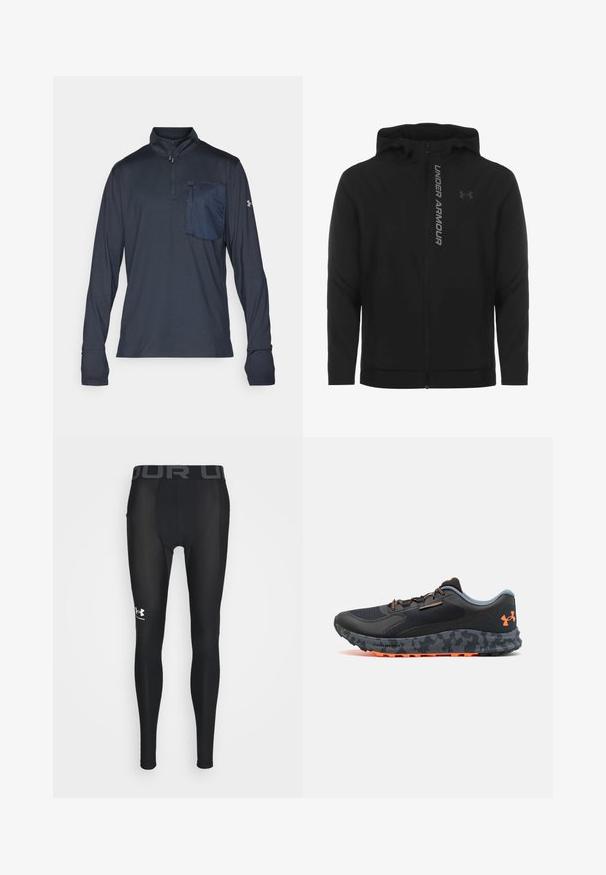 Črna zip-up kapuca izdelana iz mehkega, lahkotnega materiala. Ima odsevni logo "UNDER ARMOUR" in gladko teksturo.; Under Armour TRAIL RUN 1/4 ZIP - Majica z dolgimi rokavi - anthracite/earthen orange; Črne kompresijske legice iz gladkega, fleksibilnega materiala, ki imajo širok elastičen pas s sivo "UNDER ARMOUR" oznako in stilizirano oznako na spodnjem delu noge.; Črne atletske čevlje z teksturiranim zgornjim delom, sivi poudarki, oranžne detajle, podplat s kamuflažnim vzorcem in sistem vezalk za varno prileganje.