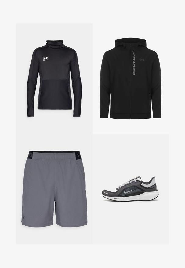 Musta vetoketjulla varustettu huppari, joka on valmistettu pehmeästä ja kevyestä materiaalista. Varustettu heijastavalla "UNDER ARMOUR" -logolla ja sileällä pinnalla.; Musta pitkähihainen urheilupaita, jossa on korkea kaulus, tekstuuripinta ja kontrastisia matta-alueita. Sisältää Under Armour -logon valkoisena.; Harmaat urheilu shortsit kevyestä kankaasta, joissa on joustava vyötärö mustilla yksityiskohdilla ja sivutaskut. Yksinkertainen muotoilu ilman kuvioita.; Musta ja harmaa urheilukenka, jossa on verkkopäällinen, heijastavat yksityiskohdat ja valkoinen välipohja. Varustettu kuvioidulla kumipohjalla ja nauhoilla.