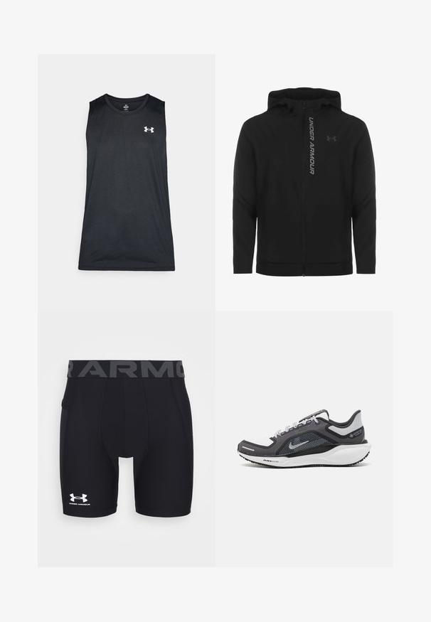Giacca a zip nera con cappuccio realizzata in materiale morbido e leggero. Presenta il logo riflettente "UNDER ARMOUR" e una texture liscia.; Canotta atletica nera con scollo rotondo, design senza maniche e logo bianco a contrasto sul petto in alto a sinistra. Tessuto dalla texture liscia.; Shorts compressivi neri da atletica con design aderente, vita elastica con la scritta "ARMOUR" in grigio e logo Under Armour bianco.; Scarpa da ginnastica nera e grigia con tomaia in rete, dettagli riflettenti e intersuola bianca. Presenta una suola in gomma testurizzata e lacci.