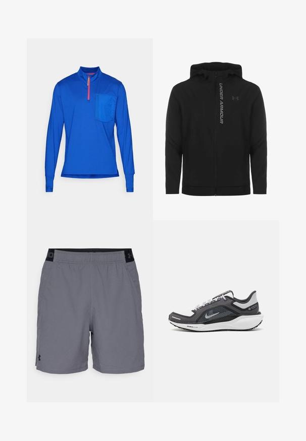 Schwarze, leichte Kapuzenjacke mit Reißverschluss aus weichem Material. Ausgestattet mit reflektierendem "UNDER ARMOUR"-Logo und einer glatten Struktur.; Langärmliges, halb-zip Oberteil aus leuchtend blauem Stoff. Mit einer Brusttasche und kontrastierendem roten Reißverschluss. Glatte Textur, sportlicher Schnitt.; Graue Sportshorts aus leichtem Material, mit einem elastischen Bund und schwarzen Akzenten sowie seitlichen Taschen. Einfaches Design ohne Muster.; Schwarzer und grauer Sportschuh mit einem Mesh-Obermaterial, reflektierenden Akzenten und einer weißen Zwischensohle. Verfügt über eine strukturierte Gummisohle und Schnürsenkel.