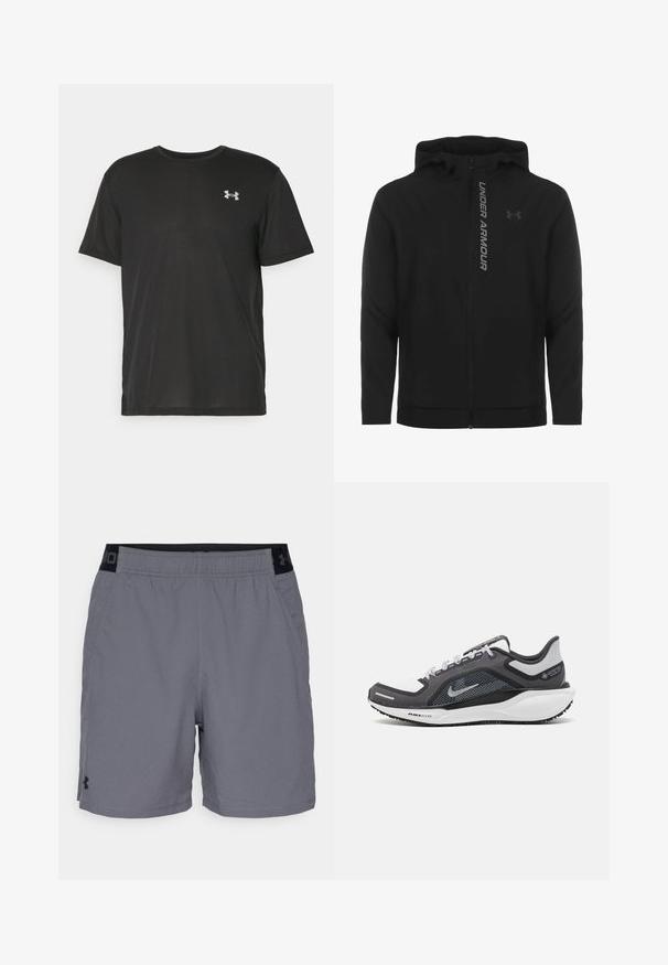 Must must erineva kapuutsiga jakk, mis on valmistatud pehmest ja kergest materjalist. Omab peegeldavat "UNDER ARMOUR" logo ja sujuvat tekstuuri.; Must värviline lühikeste varrukatega T-särk, mis on valmistatud siledast kangast, ringja kaelusega ja väikese halli logoga vasakus ülanurgas.; Hallide hallid sportlikud lühikesed püksid kerge materjaliga, millel on elastne vöökohus mustade aktsentidega ja küljetaskud. Lihtne disain ilma mustriteta.; Mustern ja hallide värvusega spordijalats, millel on võrgusilmast ülemine osa, peegeldavad aktsendid ja valge vaheosa. Omab tekstuuriga kummist välisosa ja kingapaelu.