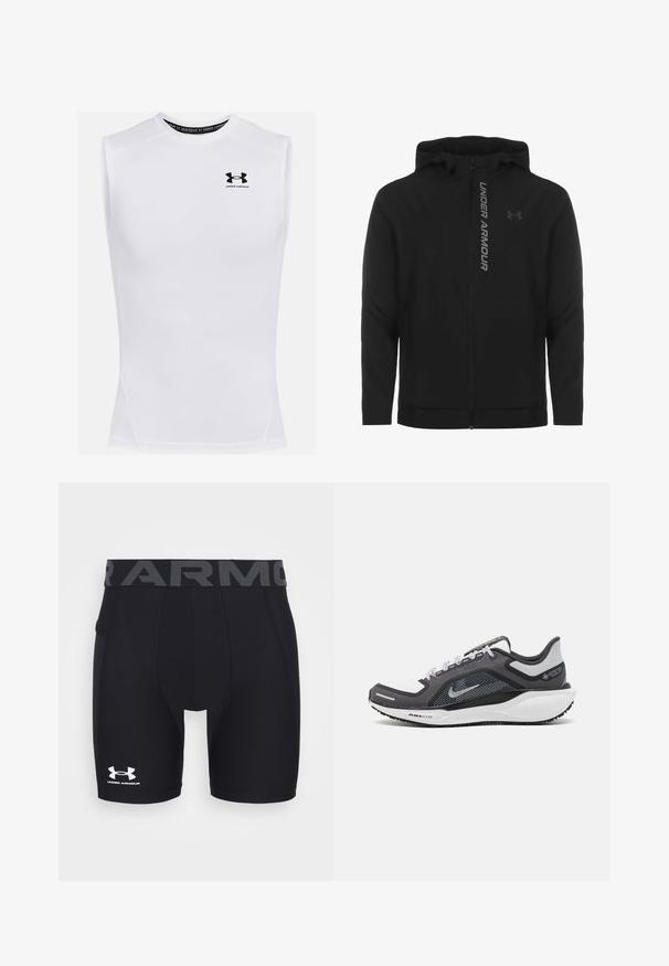 Melnā ar rāvējslēdzēju aizverama kapučjaka, kas izgatavota no mīksta, viegla materiāla. Tam ir atstarojošs "UNDER ARMOUR" logotips un gluda virsma.; Baltas bezpiedurkņu sporta krekls, kas izgatavots no mitrumu absorbejoša auduma. Tam ir apaļa kakla izgriezums, plakanas šuves un melns Under Armour logo uz krūšu daļas.; Melnas sporta kompresijas šorti ar pieguļošu dizainu, elastīgu jostu ar uzrakstu "ARMOUR" pelēkā krāsā un balto Under Armour logotipu.; Melnas un pelēkas sporta kurpes ar tīklu augšdaļu, atstarojošiem akcentiem un baltu starpzoli. Aprīkotas ar teksturētu gumijas zoli un šņorēm.