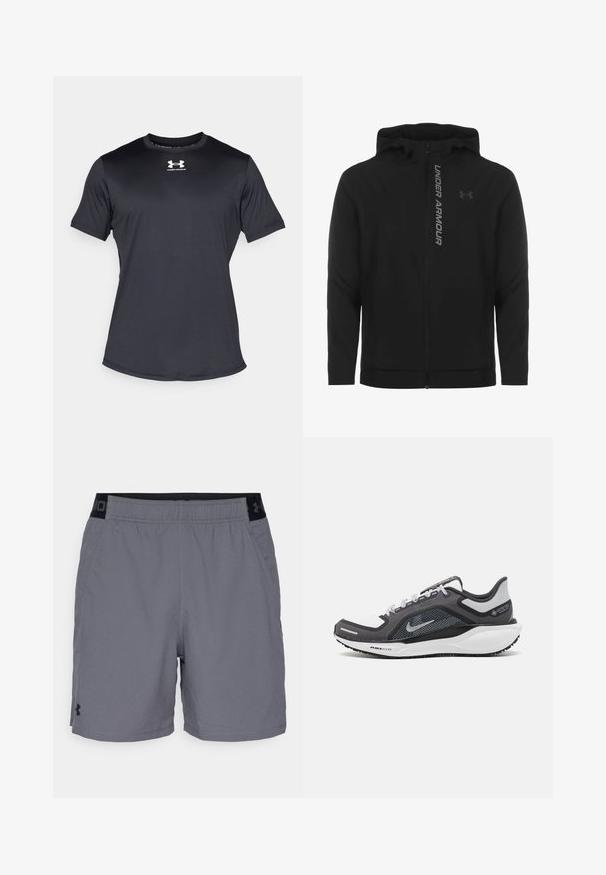 Black zip-up hooded jacket made of soft, lightweight material. Features reflective "UNDER ARMOUR" logo and a smooth texture.; Black short-sleeve athletic shirt made of smooth, moisture-wicking fabric. Features a crew neckline and a white logo on the chest.; Gray athletic shorts made of lightweight fabric, featuring an elastic waistband with black accents and side pockets. Simple design with no patterns.; Black and gray athletic shoe with a mesh upper, reflective accents, and a white midsole. Features textured rubber outsole and laces.