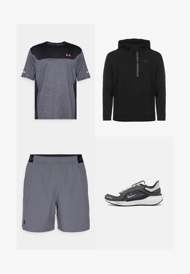 Chaqueta con capucha y cremallera negra hecha de material suave y ligero. Presenta un logotipo reflectante de "UNDER ARMOUR" y una textura lisa.; Camiseta atlética de manga corta en gris y negro con un patrón texturizado, escote redondo y logo de Under Armour en rosa en el pecho.; Pantalones cortos deportivos grises hechos de una tela ligera, con una cinturilla elástica con detalles en negro y bolsillos laterales. Diseño simple sin patrones.; Zapatilla deportiva negro y gris con parte superior de malla, acentos reflectantes y una entresuela blanca. Presenta una suela de goma texturizada y cordones.