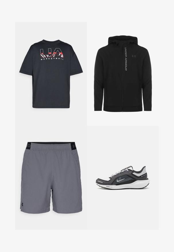 Black zip-up hooded jacket made of soft, lightweight material. Features reflective "UNDER ARMOUR" logo and a smooth texture.; Black short-sleeve t-shirt with a relaxed fit, featuring red and white graphic text "UA BASKETBALL" on the front. Soft fabric texture.; Gray athletic shorts made of lightweight fabric, featuring an elastic waistband with black accents and side pockets. Simple design with no patterns.; Black and gray athletic shoe with a mesh upper, reflective accents, and a white midsole. Features textured rubber outsole and laces.