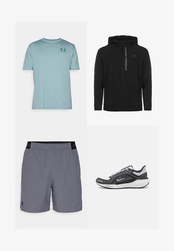 Giacca a zip nera con cappuccio realizzata in materiale morbido e leggero. Presenta il logo riflettente "UNDER ARMOUR" e una texture liscia.; Under Armour LEFT CHEST LOGO - T-shirt con stampa - serpentine/jasper blue; Pantaloni sportivi grigi realizzati in tessuto leggero, con un elastico in vita con accenti neri e tasche laterali. Design semplice senza pattern.; Scarpa da ginnastica nera e grigia con tomaia in rete, dettagli riflettenti e intersuola bianca. Presenta una suola in gomma testurizzata e lacci.