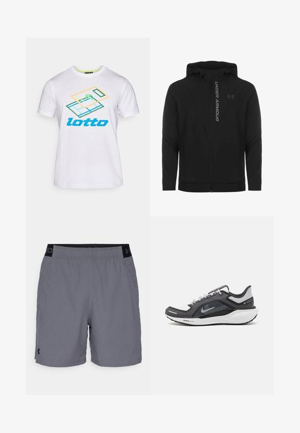 Juodas zip-up gobtuvu džemperis, pagamintas iš minkštos, lengvos medžiagos. Yra atspindintis "UNDER ARMOUR" logotipas ir glotni tekstūra.; Baltas medvilnės marškinėlis su daugiakryptėmis grafikos dizaino detalėmis ir mėlynu užrašu "lotto". Trumpi rankovės ir apvalus iškirpimas.; Pilki sportiniai šortai pagaminti iš lengvo audinio, su elastine juosta juodais akcentais ir šoninėmis kišenėmis. Paprastas dizainas be raštų.; Juodas ir pilkas sportinis batelis su tinkleliu viršuje, atspindinčiais akcentais ir balta vidurinė dalimi. Yra tekstūruota guminė išorinė pada ir raišteliai.