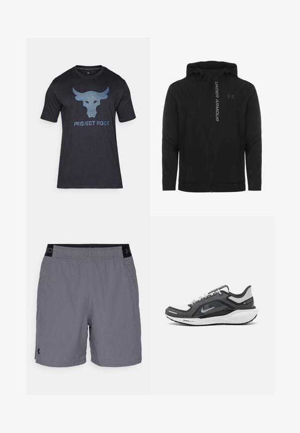 Čierna zipsová mikina s kapucňou vyrobená z jemného, ľahkého materiálu. Obsahuje reflexné logo "UNDER ARMOUR" a hladký povrch.; Under Armour BRAHMA BULL - Tričko s potlačou - black/downpour gray; Šedé športovéšortky vyrobené z ľahkého materiálu, s elastickým pásom s čiernymi akcentmi a bočnými vreckami. Jednoduchý dizajn bez vzorov.; Čierna a sivá športová obuv s vrchnou časťou z priedušného materiálu, reflexné akcenty a biely medzipodrážka. Obsahuje štruktúrovanú gumovú podrážku a šnúrky.