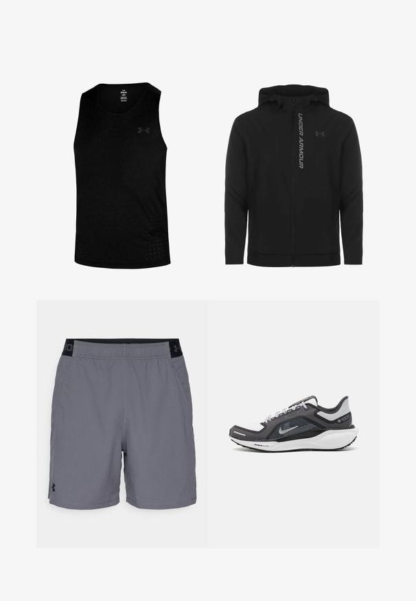 Schwarze, leichte Kapuzenjacke mit Reißverschluss aus weichem Material. Ausgestattet mit reflektierendem "UNDER ARMOUR"-Logo und einer glatten Struktur.; Schwarzes ärmelloses Sporttanktop aus leichtem Material, mit kleinen Perforationen am Saum und einem Logo auf der Brust.; Graue Sportshorts aus leichtem Material, mit einem elastischen Bund und schwarzen Akzenten sowie seitlichen Taschen. Einfaches Design ohne Muster.; Schwarzer und grauer Sportschuh mit einem Mesh-Obermaterial, reflektierenden Akzenten und einer weißen Zwischensohle. Verfügt über eine strukturierte Gummisohle und Schnürsenkel.