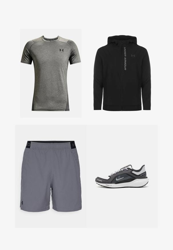 Black zip-up hooded jacket made of soft, lightweight material. Features reflective "UNDER ARMOUR" logo and a smooth texture.; Short-sleeve athletic shirt in gray, made of textured fabric. Features a round neck and small black logo on the chest. Side panels in darker gray.; Gray athletic shorts made of lightweight fabric, featuring an elastic waistband with black accents and side pockets. Simple design with no patterns.; Black and gray athletic shoe with a mesh upper, reflective accents, and a white midsole. Features textured rubber outsole and laces.