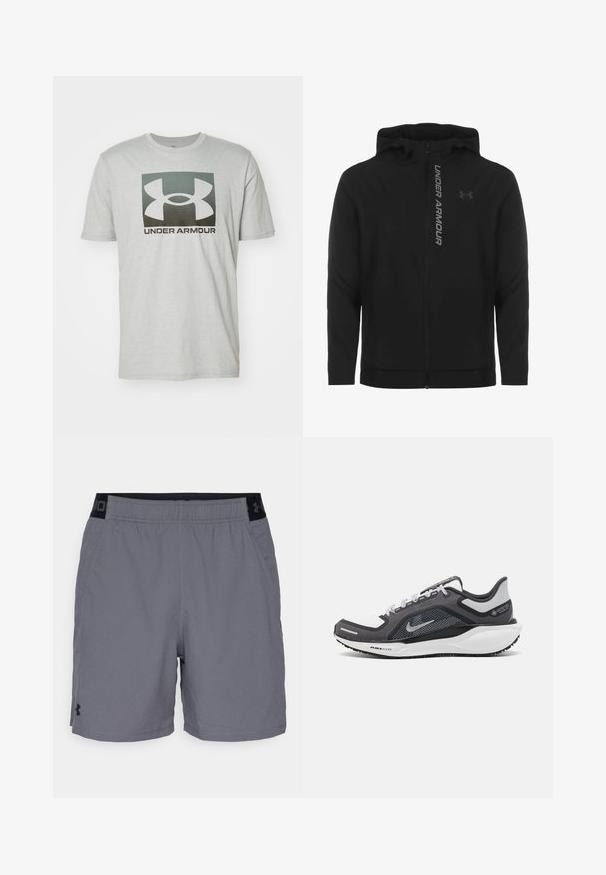 Musta vetoketjulla varustettu huppari, joka on valmistettu pehmeästä ja kevyestä materiaalista. Varustettu heijastavalla "UNDER ARMOUR" -logolla ja sileällä pinnalla.; Vaaleanharmaa puuvillainen t-paita, jossa on suuri musta ja harmaa Under Armour -logo edessä, pyöreä kaula-aukko ja lyhyet hihat.; Harmaat urheilu shortsit kevyestä kankaasta, joissa on joustava vyötärö mustilla yksityiskohdilla ja sivutaskut. Yksinkertainen muotoilu ilman kuvioita.; Musta ja harmaa urheilukenka, jossa on verkkopäällinen, heijastavat yksityiskohdat ja valkoinen välipohja. Varustettu kuvioidulla kumipohjalla ja nauhoilla.