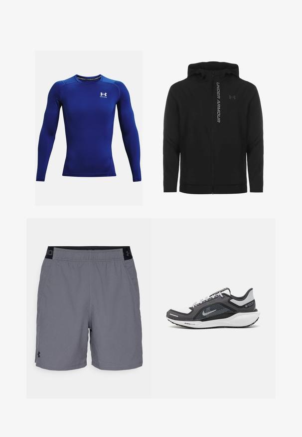 Schwarze, leichte Kapuzenjacke mit Reißverschluss aus weichem Material. Ausgestattet mit reflektierendem "UNDER ARMOUR"-Logo und einer glatten Struktur.; Langärmliges Sportshirt aus leuchtend blauem Stoff, mit rundem Ausschnitt, enger Passform und weißem Logo auf der Brust. Glatte Textur.; Graue Sportshorts aus leichtem Material, mit einem elastischen Bund und schwarzen Akzenten sowie seitlichen Taschen. Einfaches Design ohne Muster.; Schwarzer und grauer Sportschuh mit einem Mesh-Obermaterial, reflektierenden Akzenten und einer weißen Zwischensohle. Verfügt über eine strukturierte Gummisohle und Schnürsenkel.