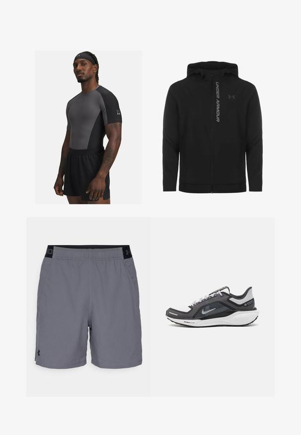 Must must erineva kapuutsiga jakk, mis on valmistatud pehmest ja kergest materjalist. Omab peegeldavat "UNDER ARMOUR" logo ja sujuvat tekstuuri.; Atleetne mees, kellel on seljas hall ja must sobiv treeningpaita, mustad lühikesed püksid ja must peapael, seisab neutraalse ilmega.; Hallide hallid sportlikud lühikesed püksid kerge materjaliga, millel on elastne vöökohus mustade aktsentidega ja küljetaskud. Lihtne disain ilma mustriteta.; Mustern ja hallide värvusega spordijalats, millel on võrgusilmast ülemine osa, peegeldavad aktsendid ja valge vaheosa. Omab tekstuuriga kummist välisosa ja kingapaelu.