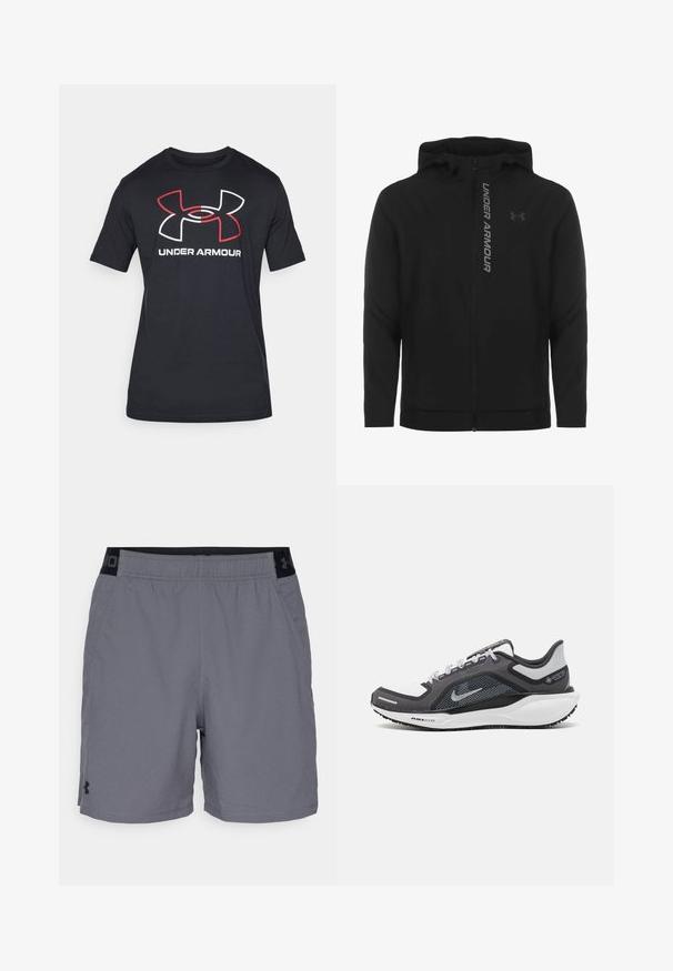 Sort lynlås hættejakke lavet af blødt, letvægtsmateriale. Har et reflekterende "UNDER ARMOUR"-logo og en glat overflade.; Sort kortærmet t-shirt lavet af letvægtigt stof med et stort rødt og hvidt Under Armour-logo på forsiden.; Grå atletikshorts i letvægtsstof med elastisk talje og sorte detaljer samt sidelommer. Enkelt design uden mønstre.; Sort og grå atletisk sko med en mesh-overdel, reflekterende detaljer og en hvid mellemsål. Har en tekstureret gummisål og snørebånd.