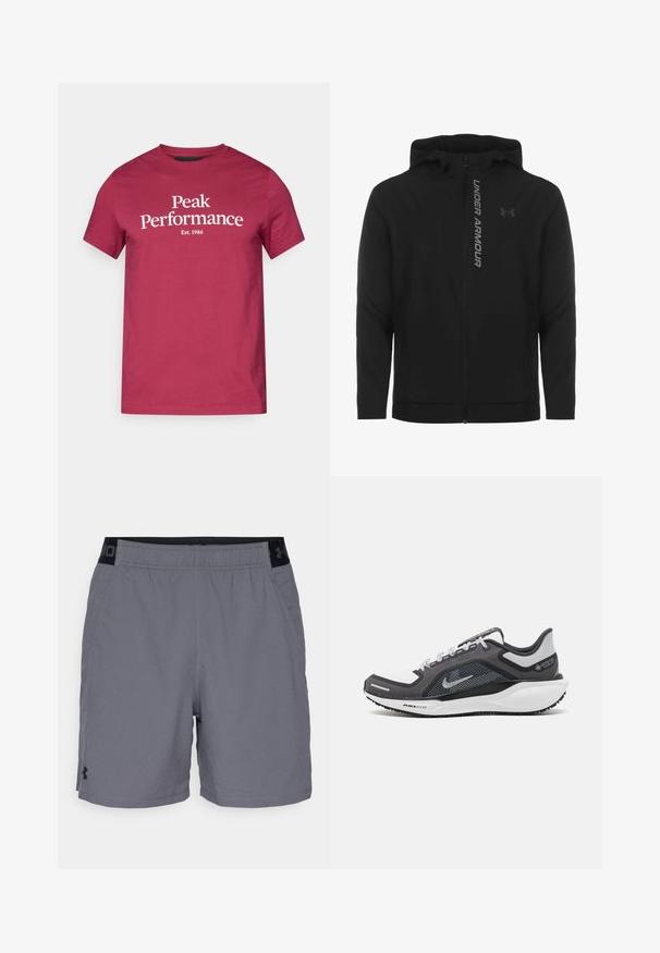 Schwarze, leichte Kapuzenjacke mit Reißverschluss aus weichem Material. Ausgestattet mit reflektierendem "UNDER ARMOUR"-Logo und einer glatten Struktur.; Bordeauxrotes Baumwoll-T-Shirt mit weißem Text "Peak Performance" und "Est. 1986." Kurze Ärmel und klassisches Rundhalsdesign.; Graue Sportshorts aus leichtem Material, mit einem elastischen Bund und schwarzen Akzenten sowie seitlichen Taschen. Einfaches Design ohne Muster.; Schwarzer und grauer Sportschuh mit einem Mesh-Obermaterial, reflektierenden Akzenten und einer weißen Zwischensohle. Verfügt über eine strukturierte Gummisohle und Schnürsenkel.