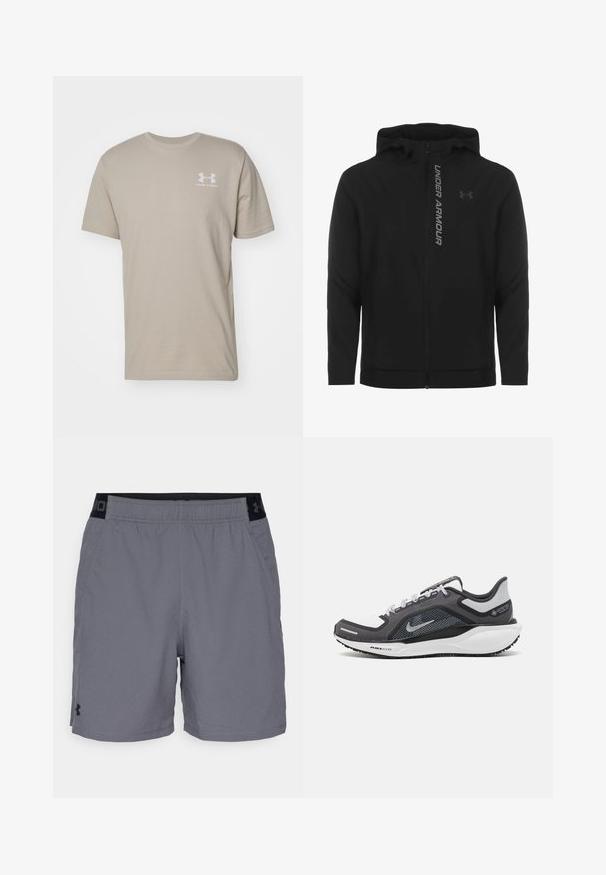 Musta vetoketjulla varustettu huppari, joka on valmistettu pehmeästä ja kevyestä materiaalista. Varustettu heijastavalla "UNDER ARMOUR" -logolla ja sileällä pinnalla.; Beige t-paita, jossa on lyhyet hihat, pyöreä kaula-aukko ja valkoinen Under Armour -logo painettuna rintaan. Sileä rakenne, rento muotoilu.; Harmaat urheilu shortsit kevyestä kankaasta, joissa on joustava vyötärö mustilla yksityiskohdilla ja sivutaskut. Yksinkertainen muotoilu ilman kuvioita.; Musta ja harmaa urheilukenka, jossa on verkkopäällinen, heijastavat yksityiskohdat ja valkoinen välipohja. Varustettu kuvioidulla kumipohjalla ja nauhoilla.