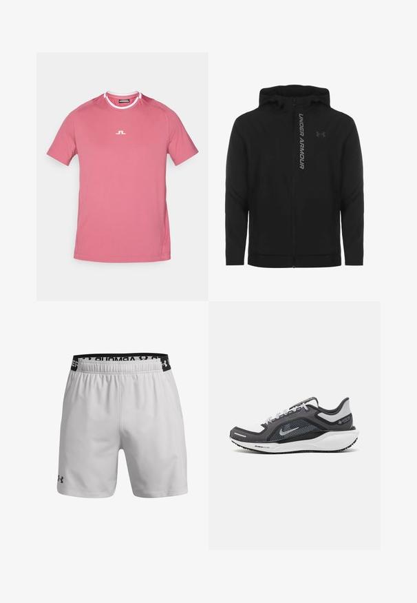 Čierna zipsová mikina s kapucňou vyrobená z jemného, ľahkého materiálu. Obsahuje reflexné logo "UNDER ARMOUR" a hladký povrch.; Tričko s krátkym rukávom a okrúhlym výstrihom v svetlo ružovej farbe, s bielym logom na hrudi a bielymi akcentmi na golieri. Hladká textura.; Svetlé šedé športové šortky vyrobené z priedušného materiálu. Obsahujú elastický pás s čiernym logom a bočné vrecká.; Čierna a sivá športová obuv s vrchnou časťou z priedušného materiálu, reflexné akcenty a biely medzipodrážka. Obsahuje štruktúrovanú gumovú podrážku a šnúrky.