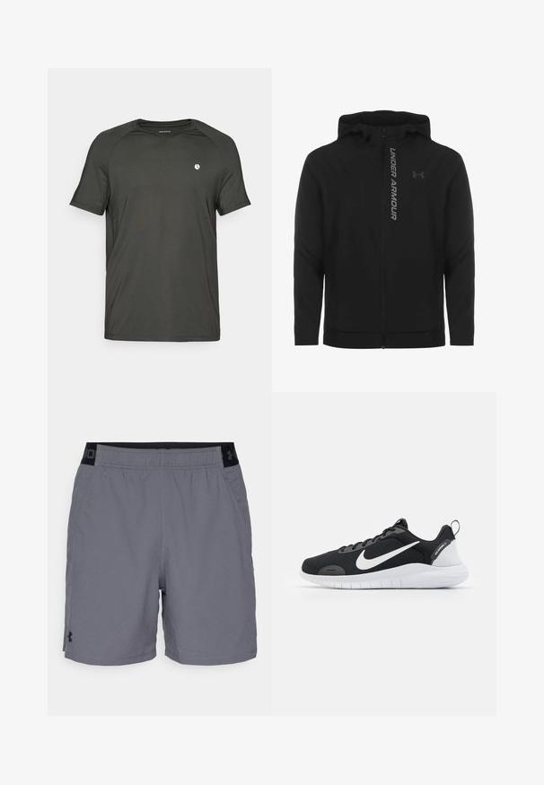 Sort lynlås hættejakke lavet af blødt, letvægtsmateriale. Har et reflekterende "UNDER ARMOUR"-logo og en glat overflade.; Mørkegrå kortærmet træningstrøje lavet af åndbart stof. Har rund halsudskæring og et lille hvidt logo på venstre bryst.; Grå atletikshorts i letvægtsstof med elastisk talje og sorte detaljer samt sidelommer. Enkelt design uden mønstre.; Sort atletiksko med mesh-overdel, hvidt Nike-swoosh-logo, teksturerede detaljer og hvid gummisål. Har en trakktab ved hælen.