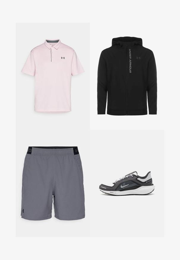 Must must erineva kapuutsiga jakk, mis on valmistatud pehmest ja kergest materjalist. Omab peegeldavat "UNDER ARMOUR" logo ja sujuvat tekstuuri.; Roosa polo särk, mis on valmistatud tekstuurist kangast, millel on krae, kaks nööpi ja tumesinine aktsent krael ning must logo rinnal.; Hallide hallid sportlikud lühikesed püksid kerge materjaliga, millel on elastne vöökohus mustade aktsentidega ja küljetaskud. Lihtne disain ilma mustriteta.; Mustern ja hallide värvusega spordijalats, millel on võrgusilmast ülemine osa, peegeldavad aktsendid ja valge vaheosa. Omab tekstuuriga kummist välisosa ja kingapaelu.