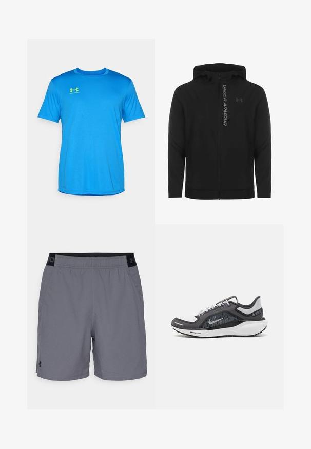 Črna zip-up kapuca izdelana iz mehkega, lahkotnega materiala. Ima odsevni logo "UNDER ARMOUR" in gladko teksturo.; Modra kratka športna majica iz lahkega materiala. Ima okroglo ovratnik in svetlo zeleno oznako Under Armour na prsih.; Sive kratke športne hlače iz lahkega blaga, z elastičnim pasom z črnimi akcenti in stranskimi žepi. Preprost oblikovanje brez vzorcev.; Črne in sive atletske čevlje z mrežasto zgornjim delom, odsevnimi detajli in belim srednjim podplatom. Imajo strukturiran gumijast podplat in vezalke.