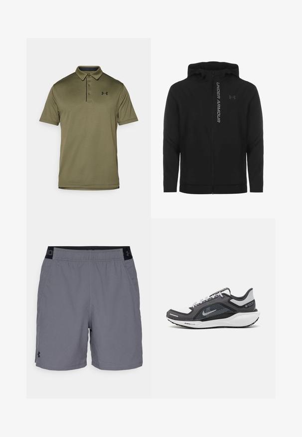 Melnā ar rāvējslēdzēju aizverama kapučjaka, kas izgatavota no mīksta, viegla materiāla. Tam ir atstarojošs "UNDER ARMOUR" logotips un gluda virsma.; Olīvzaļš polo krekls ar teksturētu audumu, trīs pogu aizdari un tumši zilu akcentu. Uz krūšu ir izšūts logo.; Pelēki sporta šorti, izgatavoti no viegla auduma, ar elastīgu jostasvietu un melnu akcentu, kā arī sānu kabatām. Vienkāršs dizains bez rakstiem.; Melnas un pelēkas sporta kurpes ar tīklu augšdaļu, atstarojošiem akcentiem un baltu starpzoli. Aprīkotas ar teksturētu gumijas zoli un šņorēm.