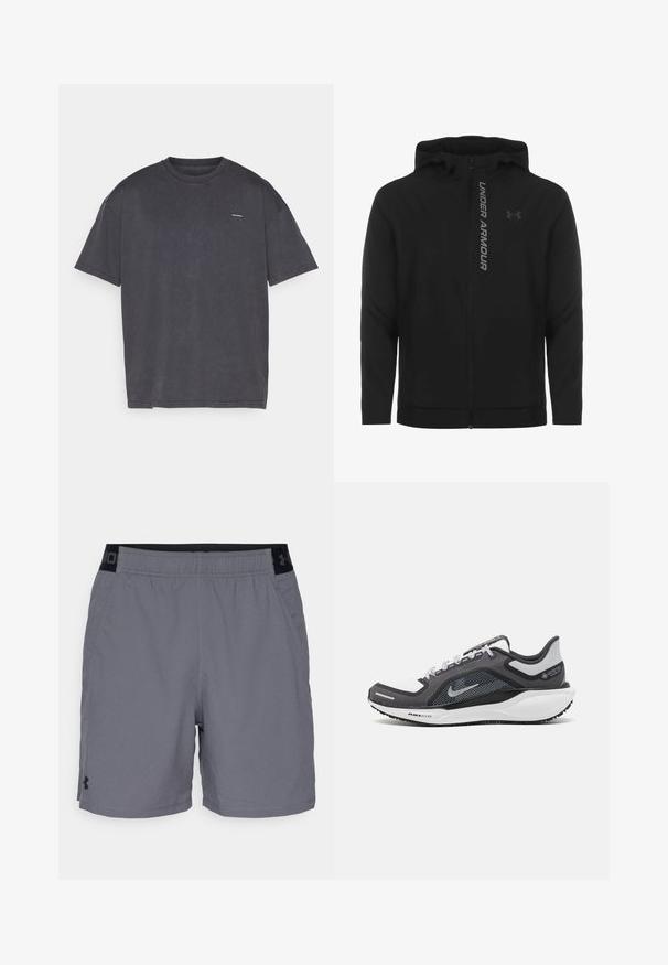 Černá zipová mikina s kapucí vyrobená z měkkého, lehkého materiálu. Obsahuje odrazový logo "UNDER ARMOUR" a hladkou texturu.; Tmavě šedé tričko s krátkým rukávem, vyrobené z bavlny, s kulatým výstřihem a malým logem na přední straně. Měkká textura a pohodlný volný střih.; Šedé sportovní šortky vyrobené z lehkého materiálu, s elastickým pasem a černými akcenty a bočními kapsami. Jednoduchý design bez vzorů.; Černá a šedá sportovní obuv s vrškem z prodyšné síťoviny, reflexními akcenty a bílou mezipodešví. Obsahuje texturovanou gumovou podrážku a tkaničky.