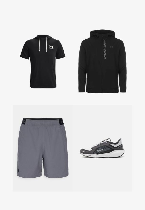 Melnā ar rāvējslēdzēju aizverama kapučjaka, kas izgatavota no mīksta, viegla materiāla. Tam ir atstarojošs "UNDER ARMOUR" logotips un gluda virsma.; Melnā īsām piedurknēm paredzētā kapučā ir izgatavota no mīksta auduma un tai ir priekšējais kabatas. Tam ir baltas auklas un baltā Under Armour logo uz krūšu zonas.; Pelēki sporta šorti, izgatavoti no viegla auduma, ar elastīgu jostasvietu un melnu akcentu, kā arī sānu kabatām. Vienkāršs dizains bez rakstiem.; Melnas un pelēkas sporta kurpes ar tīklu augšdaļu, atstarojošiem akcentiem un baltu starpzoli. Aprīkotas ar teksturētu gumijas zoli un šņorēm.