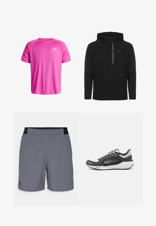 Čierna zipsová mikina s kapucňou vyrobená z jemného, ľahkého materiálu. Obsahuje reflexné logo "UNDER ARMOUR" a hladký povrch.; Krátky rukáv športového trička v jasne ružovej farbe, vyrobeného z materiálu odvádzajúceho vlhkosť s textúrovaným vzorom, s bielym logom na hrudi.; Šedé športovéšortky vyrobené z ľahkého materiálu, s elastickým pásom s čiernymi akcentmi a bočnými vreckami. Jednoduchý dizajn bez vzorov.; Čierna a sivá športová obuv s vrchnou časťou z priedušného materiálu, reflexné akcenty a biely medzipodrážka. Obsahuje štruktúrovanú gumovú podrážku a šnúrky.