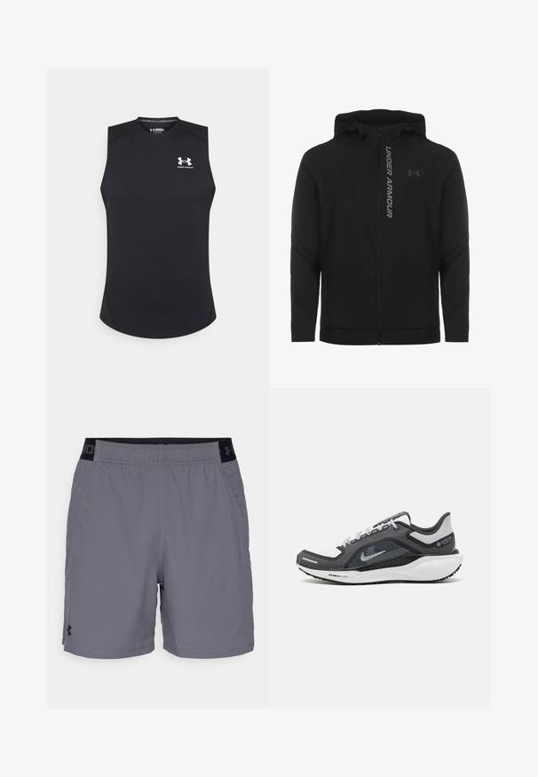 Melnā ar rāvējslēdzēju aizverama kapučjaka, kas izgatavota no mīksta, viegla materiāla. Tam ir atstarojošs "UNDER ARMOUR" logotips un gluda virsma.; Melnas bezpiedurkņu sporta krekls, kas izgatavots no gludas, elastīgas auduma. Tam ir apaļa dekoltē un neliels balts logo uz krūtīm.; Pelēki sporta šorti, izgatavoti no viegla auduma, ar elastīgu jostasvietu un melnu akcentu, kā arī sānu kabatām. Vienkāršs dizains bez rakstiem.; Melnas un pelēkas sporta kurpes ar tīklu augšdaļu, atstarojošiem akcentiem un baltu starpzoli. Aprīkotas ar teksturētu gumijas zoli un šņorēm.