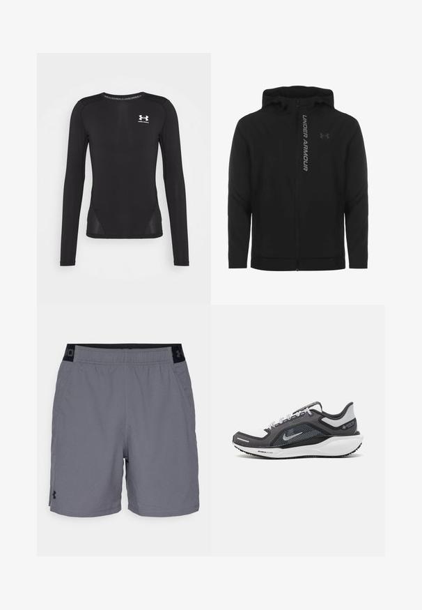 Černá zipová mikina s kapucí vyrobená z měkkého, lehkého materiálu. Obsahuje odrazový logo "UNDER ARMOUR" a hladkou texturu.; Černé dlouhé sportovní tričko s dlouhým rukávem vyrobené z hladkého, lehkého materiálu. Má přiléhavý střih a síťované boční panely. Logo Under Armour na hrudi.; Šedé sportovní šortky vyrobené z lehkého materiálu, s elastickým pasem a černými akcenty a bočními kapsami. Jednoduchý design bez vzorů.; Černá a šedá sportovní obuv s vrškem z prodyšné síťoviny, reflexními akcenty a bílou mezipodešví. Obsahuje texturovanou gumovou podrážku a tkaničky.