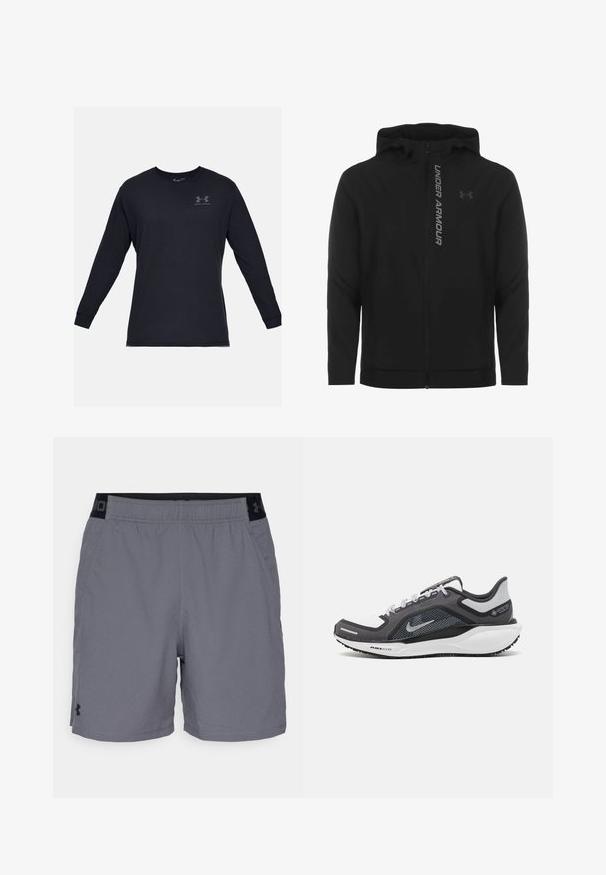 Sort lynlås hættejakke lavet af blødt, letvægtsmateriale. Har et reflekterende "UNDER ARMOUR"-logo og en glat overflade.; Langærmet sort T-shirt lavet af bomuld, med rund hals og et lille gråt logo på brystet. Glat tekstur, afslappet pasform.; Grå atletikshorts i letvægtsstof med elastisk talje og sorte detaljer samt sidelommer. Enkelt design uden mønstre.; Sort og grå atletisk sko med en mesh-overdel, reflekterende detaljer og en hvid mellemsål. Har en tekstureret gummisål og snørebånd.