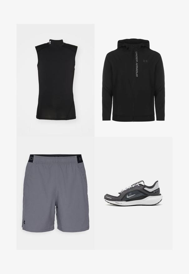 Čierna zipsová mikina s kapucňou vyrobená z jemného, ľahkého materiálu. Obsahuje reflexné logo "UNDER ARMOUR" a hladký povrch.; Čierny bezrukávový top s imitovaným golierom vyrobený z hladkej, elastickej látky. Má ploché švy a subtílnu logo akcentáciu na golieri.; Šedé športovéšortky vyrobené z ľahkého materiálu, s elastickým pásom s čiernymi akcentmi a bočnými vreckami. Jednoduchý dizajn bez vzorov.; Čierna a sivá športová obuv s vrchnou časťou z priedušného materiálu, reflexné akcenty a biely medzipodrážka. Obsahuje štruktúrovanú gumovú podrážku a šnúrky.