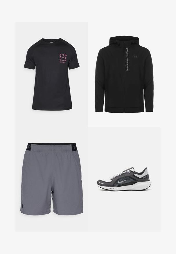 Musta vetoketjulla varustettu huppari, joka on valmistettu pehmeästä ja kevyestä materiaalista. Varustettu heijastavalla "UNDER ARMOUR" -logolla ja sileällä pinnalla.; Musta urheilupaita lyhyillä hihoilla, pyöreällä kaula-aukolla ja vasemmassa rinnassa vaaleanpunaista tekstiä "JUOKSE JUOKSE JUOKSE". Tasainen, kevyt kangas.; Harmaat urheilu shortsit kevyestä kankaasta, joissa on joustava vyötärö mustilla yksityiskohdilla ja sivutaskut. Yksinkertainen muotoilu ilman kuvioita.; Musta ja harmaa urheilukenka, jossa on verkkopäällinen, heijastavat yksityiskohdat ja valkoinen välipohja. Varustettu kuvioidulla kumipohjalla ja nauhoilla.