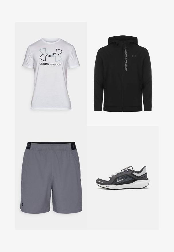 Juodas zip-up gobtuvu džemperis, pagamintas iš minkštos, lengvos medžiagos. Yra atspindintis "UNDER ARMOUR" logotipas ir glotni tekstūra.; Balta medvilninė marškinėliai trumpomis rankovėmis su dideliu juodu ir šviesiai mėlynu Under Armour logotipu priekyje. Lygi tekstūra, klasikinis pjaustymas.; Pilki sportiniai šortai pagaminti iš lengvo audinio, su elastine juosta juodais akcentais ir šoninėmis kišenėmis. Paprastas dizainas be raštų.; Juodas ir pilkas sportinis batelis su tinkleliu viršuje, atspindinčiais akcentais ir balta vidurinė dalimi. Yra tekstūruota guminė išorinė pada ir raišteliai.