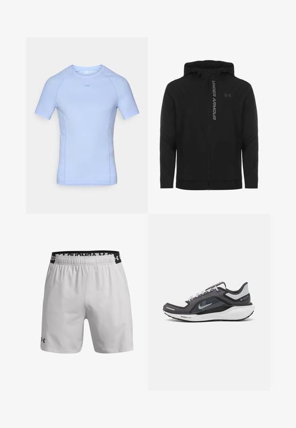 Črna zip-up kapuca izdelana iz mehkega, lahkotnega materiala. Ima odsevni logo "UNDER ARMOUR" in gladko teksturo.; Svetlo modra športna majica s kratkimi rokavi, gladka tekstura, zračni mrežasti stranski paneli in okrogla izreza. Ima logo na sprednji strani.; Svetlo sivi atletski šortsi iz dihalnega materiala. Imajo elastičen pas s črnim logotipom in stranske žepke.; Črne in sive atletske čevlje z mrežasto zgornjim delom, odsevnimi detajli in belim srednjim podplatom. Imajo strukturiran gumijast podplat in vezalke.