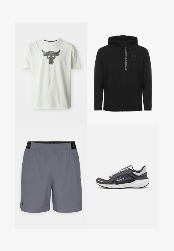 Juodas zip-up gobtuvu džemperis, pagamintas iš minkštos, lengvos medžiagos. Yra atspindintis "UNDER ARMOUR" logotipas ir glotni tekstūra.; Balta medvilnės marškinėliai su metaliniu juodu jaučio kaukolės grafinu, uždėtu centre ant krūtinės. Trumpomis rankovėmis ir apvaliu kaklu.; Pilki sportiniai šortai pagaminti iš lengvo audinio, su elastine juosta juodais akcentais ir šoninėmis kišenėmis. Paprastas dizainas be raštų.; Juodas ir pilkas sportinis batelis su tinkleliu viršuje, atspindinčiais akcentais ir balta vidurinė dalimi. Yra tekstūruota guminė išorinė pada ir raišteliai.