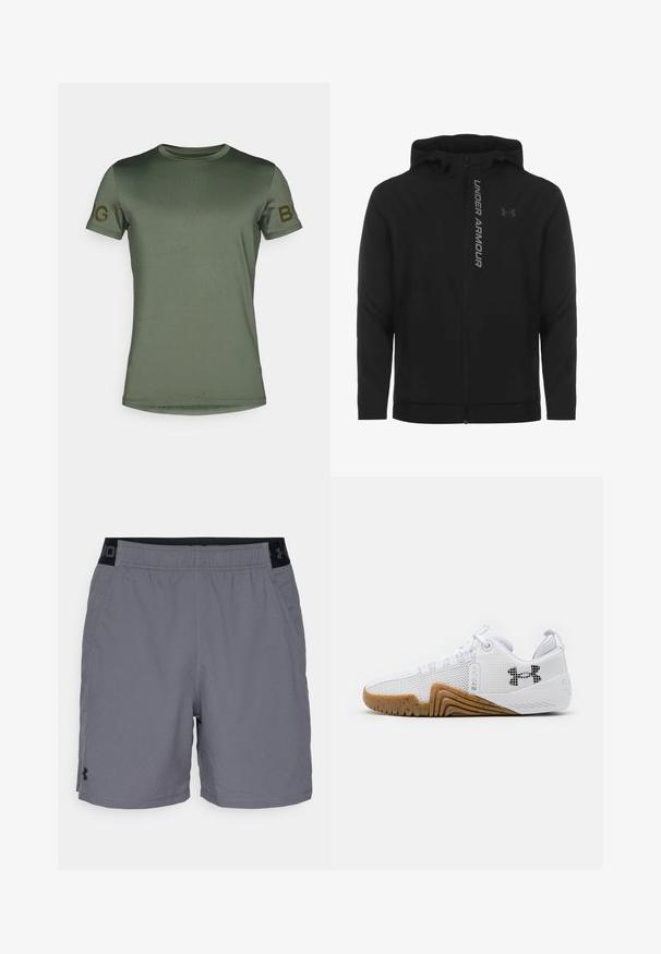 Sort lynlås hættejakke lavet af blødt, letvægtsmateriale. Har et reflekterende "UNDER ARMOUR"-logo og en glat overflade.; Olivegrøn kortærmet t-shirt i et glat, let stof. Har rund halsudskæring og "B" logoet på venstre ærme i en kontrasterende farve.; Grå atletikshorts i letvægtsstof med elastisk talje og sorte detaljer samt sidelommer. Enkelt design uden mønstre.; Hvide atletik sko med mesh overdel, gummisål i gummifarve, teksturerede detaljer og en sort logo på siden.