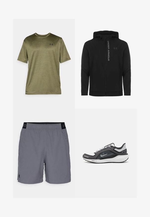 Melnā ar rāvējslēdzēju aizverama kapučjaka, kas izgatavota no mīksta, viegla materiāla. Tam ir atstarojošs "UNDER ARMOUR" logotips un gluda virsma.; Olivkrāsas T-krekls ar īsām piedurknēm un apaļu kakla izgriezumu, ar smalku melnu tekstūru un melnu logotipu uz krūtīm.; Pelēki sporta šorti, izgatavoti no viegla auduma, ar elastīgu jostasvietu un melnu akcentu, kā arī sānu kabatām. Vienkāršs dizains bez rakstiem.; Melnas un pelēkas sporta kurpes ar tīklu augšdaļu, atstarojošiem akcentiem un baltu starpzoli. Aprīkotas ar teksturētu gumijas zoli un šņorēm.