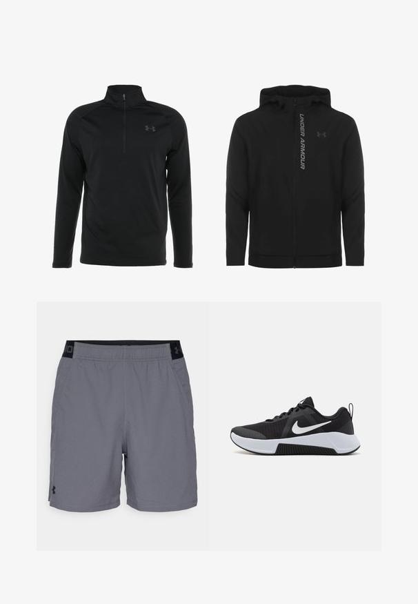Veste à capuche zippée noire en matériau doux et léger. Arborant un logo "UNDER ARMOUR" réfléchissant et une texture lisse.; Pull noir à manches longues avec col zippé, fabriqué en tissu lisse et extensible, doté d'un logo subtil sur la poitrine.; Shorts de sport gris en tissu léger, avec une taille élastique et des accents noirs, dotés de poches latérales. Design simple sans motifs.; Baskets de sport noires avec un dessus en maille texturée, des accents blancs et un design épuré. Comprend une semelle en caoutchouc et un col rembourré.