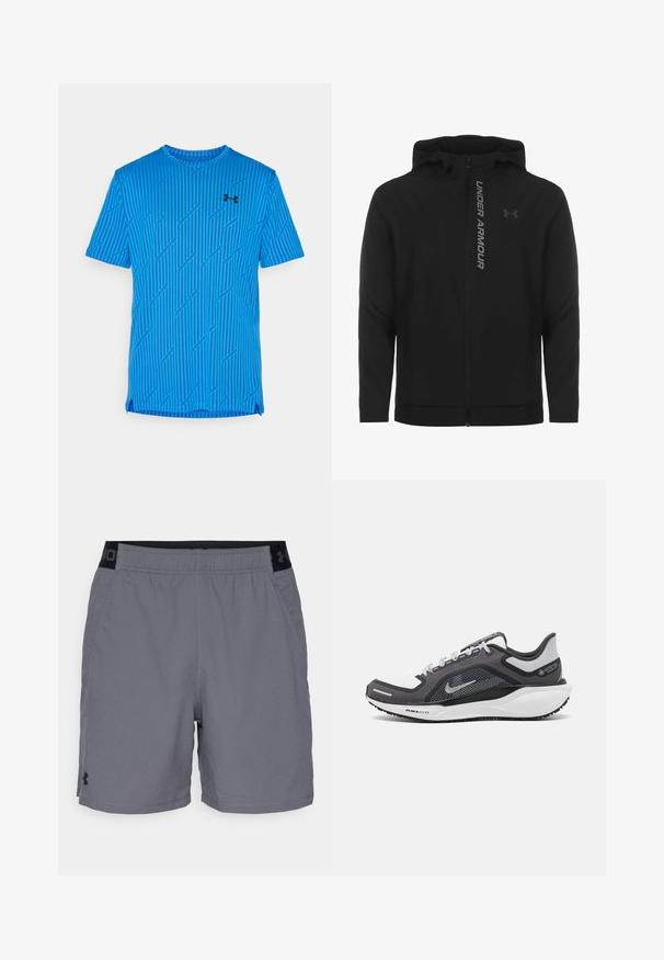 Melnā ar rāvējslēdzēju aizverama kapučjaka, kas izgatavota no mīksta, viegla materiāla. Tam ir atstarojošs "UNDER ARMOUR" logotips un gluda virsma.; Zilā sporta T-kreklā ar īsām piedurknēm, kas piedāvā ģeometrisku līniju rakstu, apaļu apkakli un aizmugurē izgriezumu. Melna emblēma priekšējā kreisajā pusē.; Pelēki sporta šorti, izgatavoti no viegla auduma, ar elastīgu jostasvietu un melnu akcentu, kā arī sānu kabatām. Vienkāršs dizains bez rakstiem.; Melnas un pelēkas sporta kurpes ar tīklu augšdaļu, atstarojošiem akcentiem un baltu starpzoli. Aprīkotas ar teksturētu gumijas zoli un šņorēm.