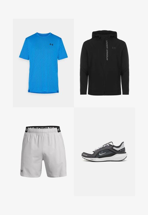 Musta vetoketjulla varustettu huppari, joka on valmistettu pehmeästä ja kevyestä materiaalista. Varustettu heijastavalla "UNDER ARMOUR" -logolla ja sileällä pinnalla.; Sininen urheilullinen lyhythihainen paita, jossa on geometrinen viivakuviotus, pyöreä kaulus ja takana halkio. Musta logo vasemmalla puolella edessä.; Vaaleanharmaat urheilushortsit, jotka on valmistettu hengittävästä kankaasta. Ominaisuuksiin kuuluu joustava vyötärö, jossa on musta logo ja sivutaskut.; Musta ja harmaa urheilukenka, jossa on verkkopäällinen, heijastavat yksityiskohdat ja valkoinen välipohja. Varustettu kuvioidulla kumipohjalla ja nauhoilla.