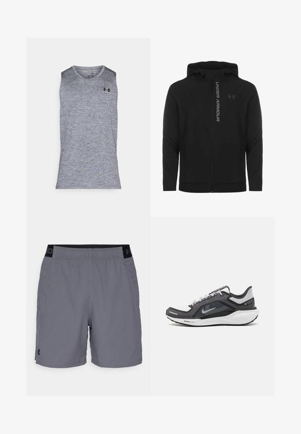 Black zip-up hooded jacket made of soft, lightweight material. Features reflective "UNDER ARMOUR" logo and a smooth texture.; Gray sleeveless athletic shirt made of a textured, moisture-wicking fabric. Features a round neckline and a black logo on the upper left.; Gray athletic shorts made of lightweight fabric, featuring an elastic waistband with black accents and side pockets. Simple design with no patterns.; Black and gray athletic shoe with a mesh upper, reflective accents, and a white midsole. Features textured rubber outsole and laces.