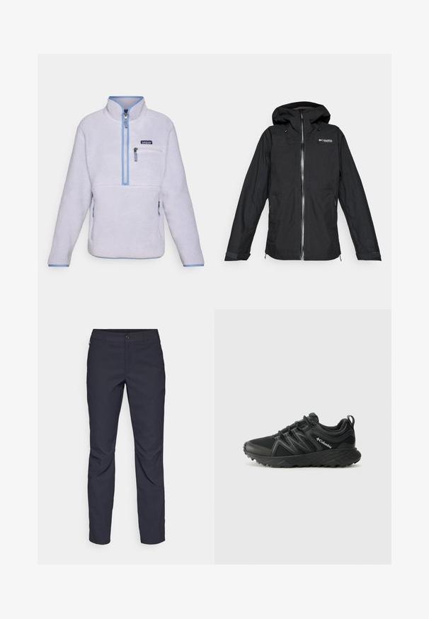 Musta Columbia Titanium kapuutsiga veekindel jope, millel on eesnepres, reguleeritavad mansetid ja lõdvestatud lõige, isoleeritud valgel taustal.; Helepi fleece'i jakk kerges lavendli tooniga, millel on pooltõmbe krae, kontrastset sinist äärt, rinna tasku ja tekstureeritud kangas. Kahel küljetaskul.; Tumedat sinised püksid sujuva kangaga, millel on esiääre nuppude sulgemine, kitsas lõige ja volditud detailid põlvede piirkonnas.; Columbia PEAKFREAK - Matkajalatsid - black