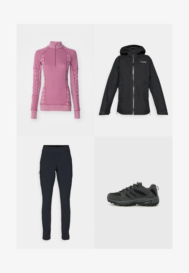 Svart Columbia Titanium hettevanntett jakke med frontglidelås og justerbare mansjetter, løs passform, isolert på hvit bakgrunn.; Kari Traa SMEKKER H/Z - Strikkegenser - plum; Svarte joggebukser med slim fit, elastisk midjebånd og en sidelomme med glidelås. Glatt, elastisk stoff med minimalt med sømmer.; Columbia REDMOND - Fjellsko - black/citron haze