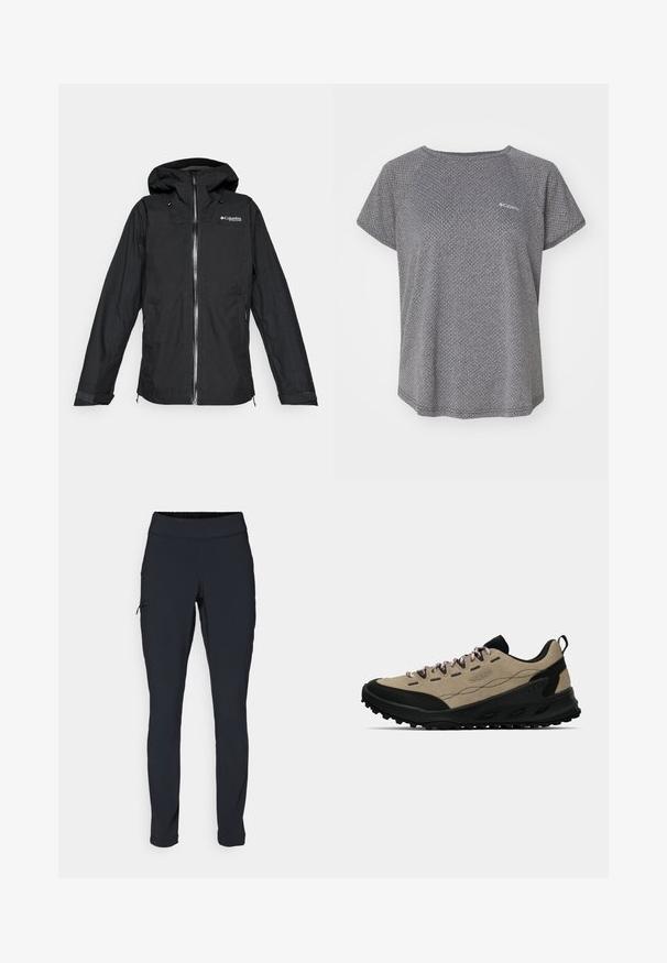 Zwarte Columbia Titanium waterdichte hoodie jas met voorzichtige rits en verstelbare manchetten, losse pasvorm, geïsoleerd op een witte achtergrond.; Grijze T-shirt met korte mouwen, met een subtiel textuurpatroon, ronde halslijn en het Columbia-logo op de borst. Zacht materiaal, relaxte pasvorm.; Zwarte sportbroek met een slim fit, elastische tailleband en een zijzak met rits. Glad, rekbaar materiaal met minimale naden.; Beige en zwarte lage wandelschoen met een robuuste zool, roze veters en een trekband aan de hiel, ontworpen voor buitengebruik.