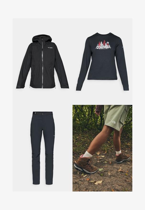 Melnā Columbia Titanium ūdensnecaurlaidīgā jaka ar kapuci, priekšējo rāvējslēdzēju un regulējamām aprocēm, brīvā piegriezumā, izolēta uz balta fona.; Tumšs pelēks krekls ar garām piedurknēm, ar grafiku, kurā attēloti sarkani koki un kalni; "COLUMBIA" logo treknā baltā tekstā. Mīksta auduma, standarta apaļa kakla izgriezums.; Vīriešu āra bikses, tumši pelēkā krāsā, izgatavotas no elastīga materiāla, ar jostu, kabatām ar rāvējslēdzēju un pastiprinātām šuvēm.; Jack Wolfskin REFUGIO PRIME TEXAPORE MID W - Pārgājienu apavi - fawn